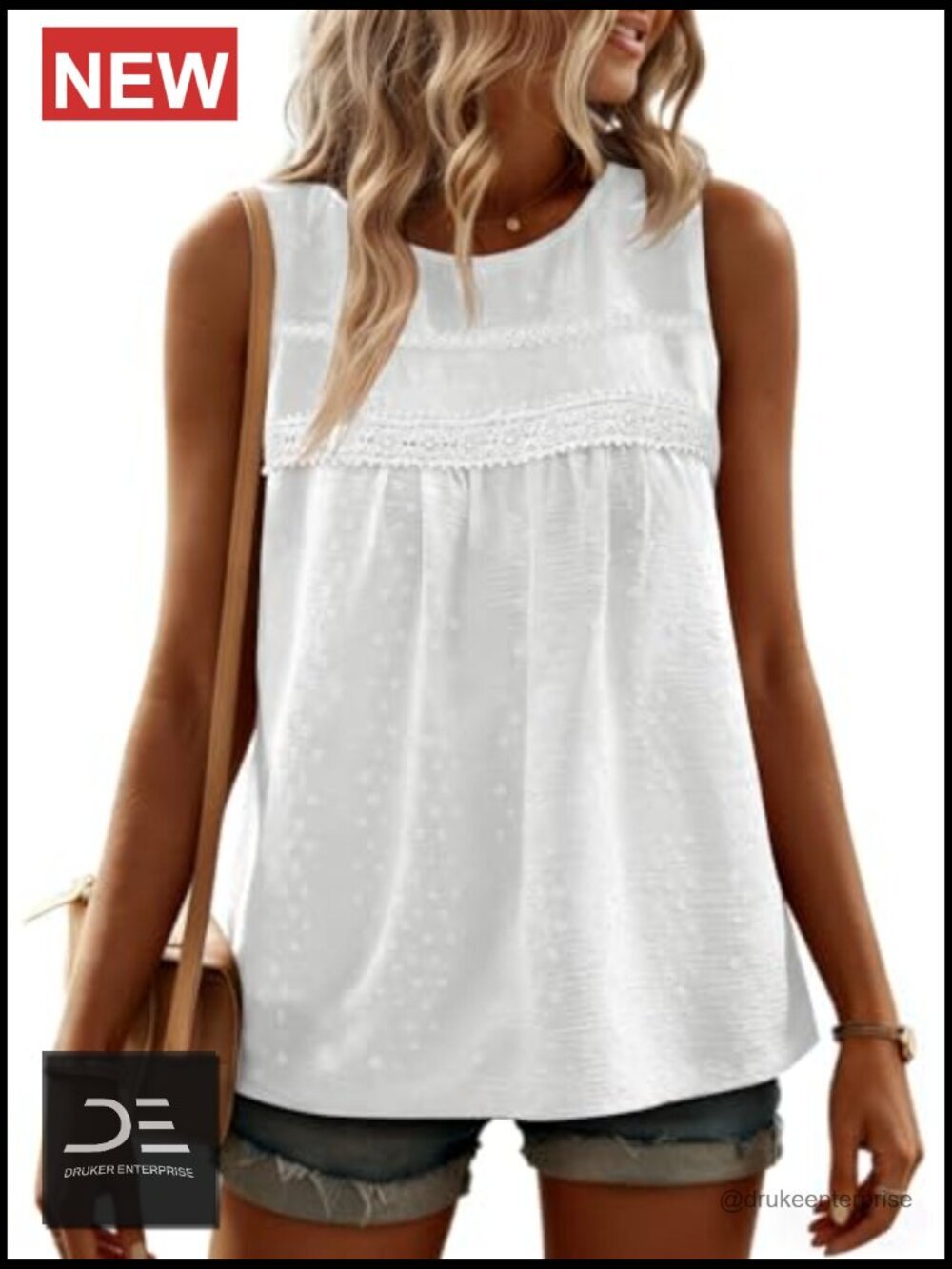 Women's Loose Fit Sleeveless Crew Neck Camisole Swiss Dots Tank Top - Picture 2 of 7